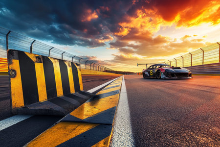 Race track at sunset with barricade and car in colorful sky
