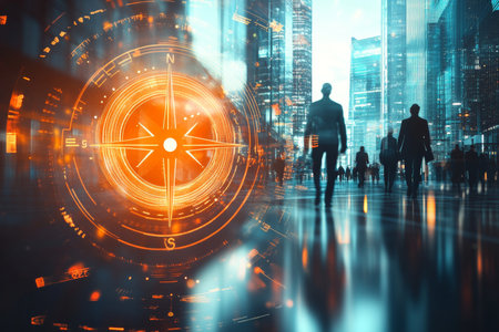 Futuristic cityscape with business professionals navigating innovation and travel in a digital eraの写真素材