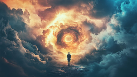 A figure stands at the endless tunnel s entrance, amidst swirling clouds and glowing lights.