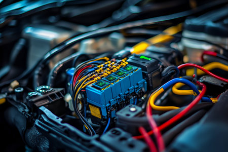 Close up of vibrant wires and blue control panel on a modern car engine with battery systemの写真素材