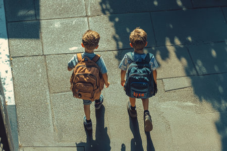 Two young boys walking to school with backpacks on a sunny summer day, captured from aboveの写真素材