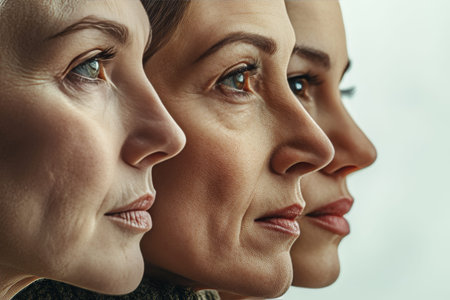 Photorealistic portrait of three women at different ages showing skin textures and wrinkles