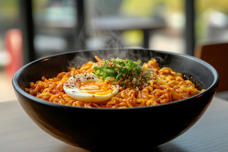Steaming Korean spicy noodles with eggs in a black bowl captured in a restaurant settingの写真素材