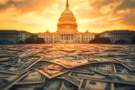 A towering stack of dollar bills with the u.scapitol silhouetted against a sunset background