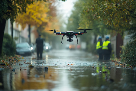 Drone aerial view of flood affected residential area with emergency workers and autumn atmosphereの写真素材