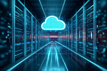 Cloud computing in server room. 3d rendering toned image double exposureの写真素材