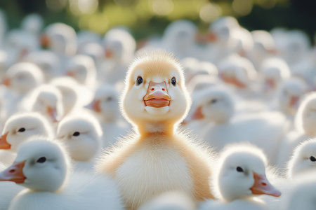 Charming fluffy duckling among white ducks on a farm in natural light with soft shadows and bokehの写真素材