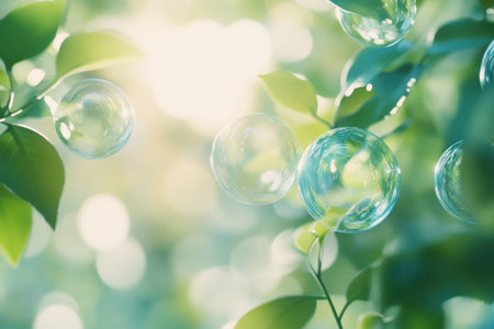 Sunlight Through Leaves with Soap Bubbles, Nature Background Abstract with Blur and Bokeh