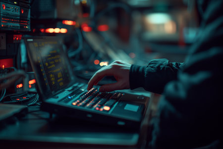 Close up of a man s hand operating a laptop in a bitcoin mining data center environmentの写真素材
