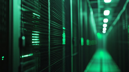 Realistic image of green lights illuminating computer server walls in a data center environment
