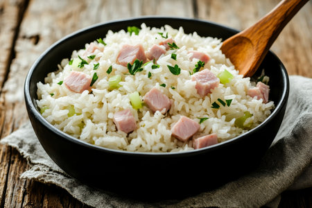 Close up of fluffy rice dish with ham and celery in rustic bowl on wooden table settingの写真素材