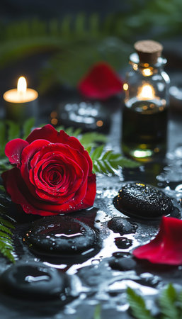 Serene spa and wellness scene with red roses, ferns, candlelight, and essential oils on wet surface