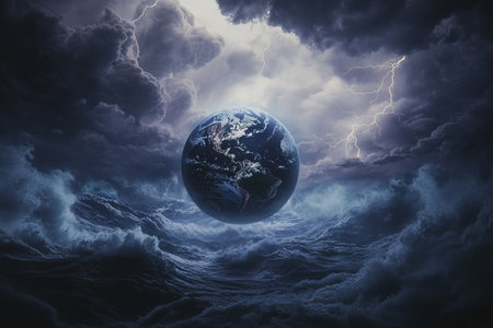 Dramatic scene of earth surrounded by turbulent ocean and stormy sky symbolizing global crisisの写真素材