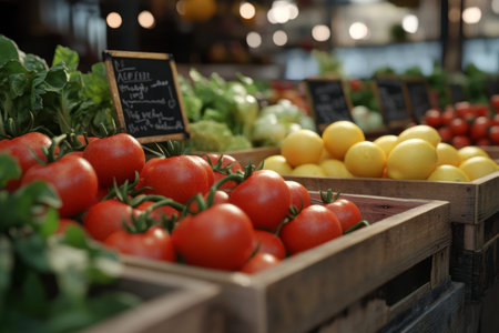 Vibrant farmer s market displaying fresh fruits and vegetables in rustic wooden crates