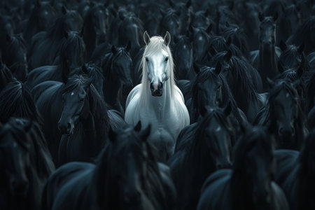A dramatic scene of a dense herd of glossy black horses with a striking white horse at the centerの写真素材