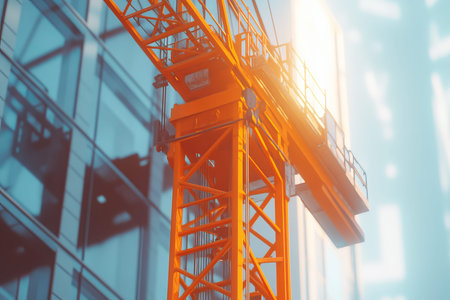 Close up of a bright orange construction tower crane against a blurred modern urban background