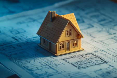 Miniature house model atop blueprints symbolizing home construction and real estate development