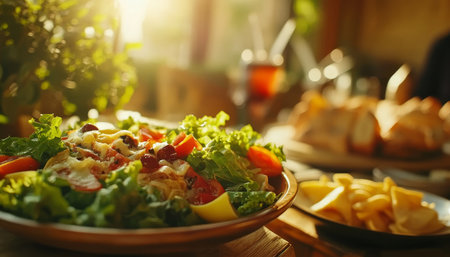 Fresh Salad with Tomatoes, Cheese and Greens, Served with French Fries in Rustic Restaurantの写真素材