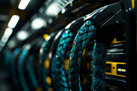 Realistic photography of black and blue network cables in a server room with yellow accents
