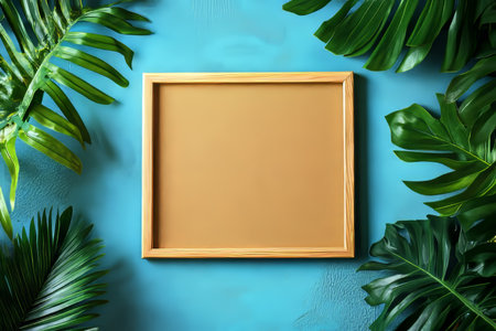 Cork board mockup with wooden frame on turquoise wall surrounded by green plantsの写真素材