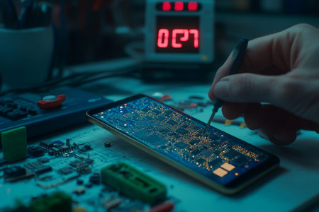 Close up of electronics technician repairing smartphone circuit board in modern workshop setting