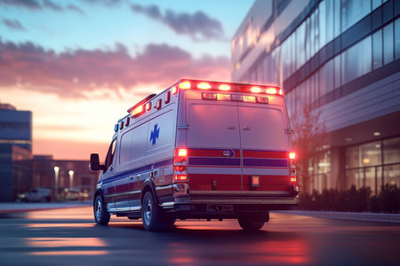 Modern ambulance with flashing lights at hospital entrance a stunning rear view captureの写真素材