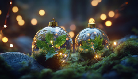 Enchanting christmas baubles with green leaves in a magical forest setting with glowing lightsの写真素材