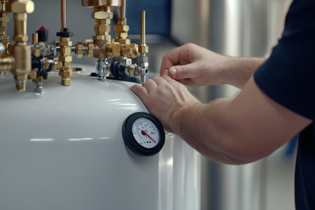 Close up of technician repairing modern white water heater with intricate fittings and components