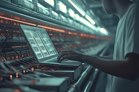 Individual operating laptop in a neat cryptocurrency mining farm surrounded by server racks