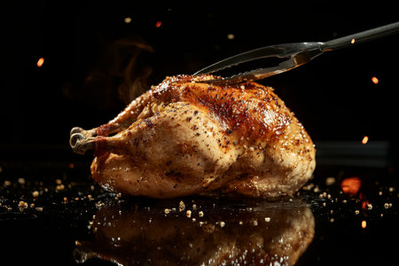 Stunning close up of a golden brown roast chicken with tongs against a black isolated backgroundの写真素材