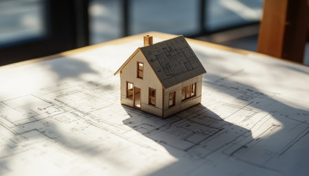 Small house model on blueprints symbolizing home construction and real estate developmentの写真素材