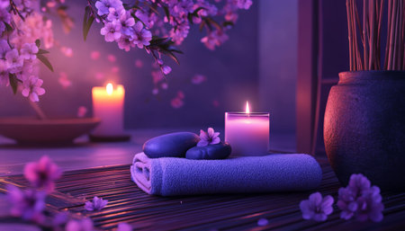Relaxing spa atmosphere with candles, stones, towels, and cherry blossoms on a bamboo mat
