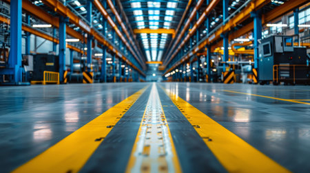 Modern factory hall with blue and orange accents and expansive floor lines in natural lighting