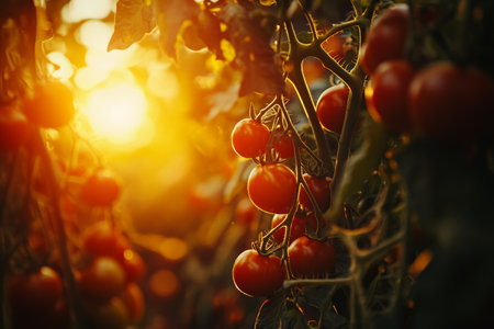 Close up of ripe red tomatoes on the vine bathed in sunset light in a garden settingの写真素材