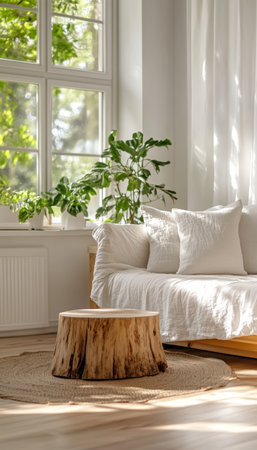 Scandinavian living room design bright white walls, linen sofa, and natural elements in modern homeの写真素材
