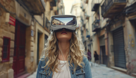 Stunning blonde girl in vr headset exploring a virtual reality scene of an old town street