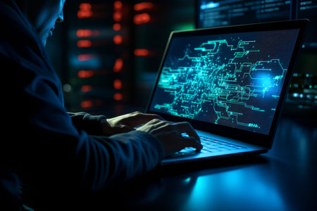 Cybersecurity professional engaged in coding with holographic interface in dimly lit environment