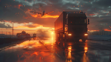 Container ship and cargo truck loading at sunset with a flying plane in the port yardの写真素材