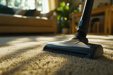 Close up of a modern vacuum cleaner cleaning a plush carpet in a cozy living room settingの写真素材