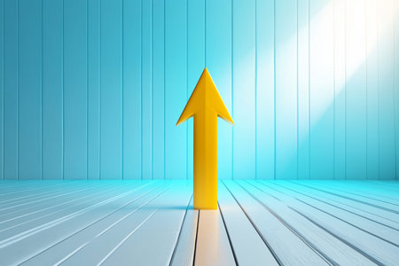 Yellow Up Arrow Standing Out from The Crowd on Blue Background. Business Concept. 3D Illustration.