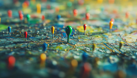 Close up of a colorful push pinned paper map highlighting locations with vivid detail and depth