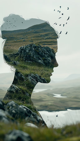 Surreal british countryside with a female face in rocks, flying birds, and rolling hillsの写真素材