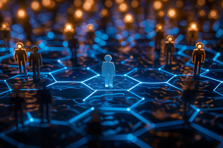 A blue hexagon with an avatar connected to wooden figures representing corporate teamwork
