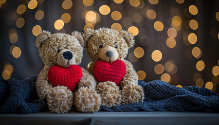 Charming teddy bears embracing hearts amidst a romantic bokeh background for valentine's dayの写真素材