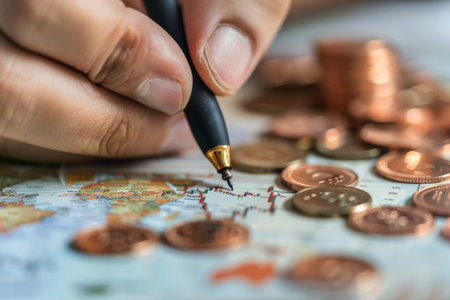 Businessman analyzing financial stock market trends with coins and graphs in backgroundの写真素材