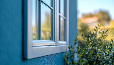 Detailed close up of house exterior with window and white trim in sunny countryside settingの写真素材
