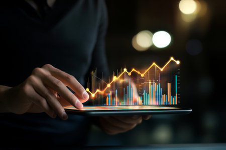 Business professionals engaged in tablet use and financial data analysis in office settingの写真素材