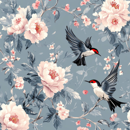 Elegant seamless floral and bird pattern with swallows and blossoms on muted gray blue backdropの写真素材