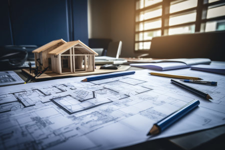 Close up of engineers collaborating on architectural plans at a work desk in an office settingの写真素材