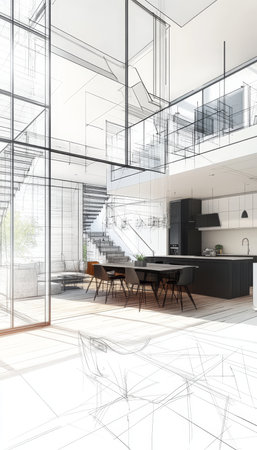 Realistic 3d rendering of modern loft apartment kitchen, dining area, and living room designの写真素材